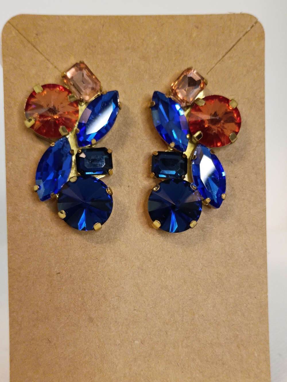 Vibrant Blue & Orange Crystal Cluster Drop Earrings
